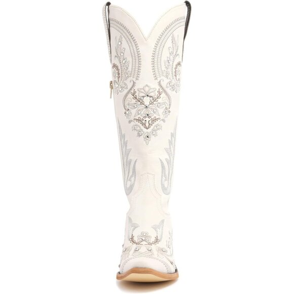 Women Faux Leather Cream Rhinestones Embroidered Chunky Heel Knee High Boot - Picture 4 of 7